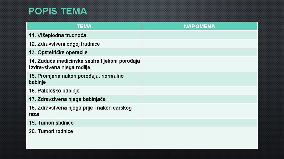 POPIS TEMA 11. Višeplodna trudnoća 12. Zdravstveni odgoj trudnice 13. Opstetričke operacije 14. Zadaće