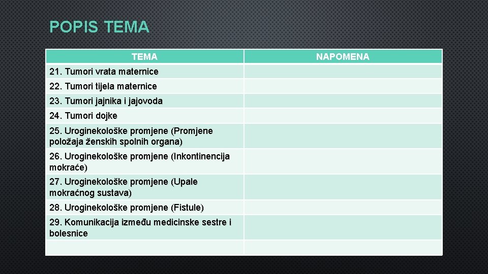 POPIS TEMA 21. Tumori vrata maternice 22. Tumori tijela maternice 23. Tumori jajnika i