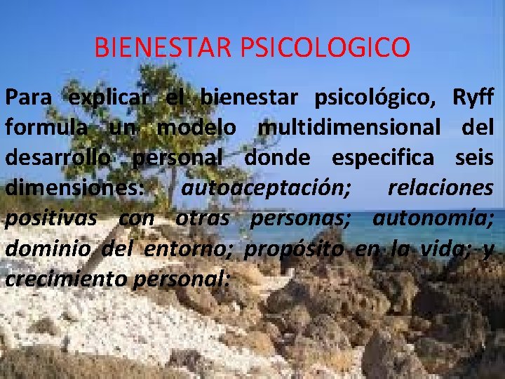 BIENESTAR PSICOLOGICO Para explicar el bienestar psicológico, Ryff formula un modelo multidimensional desarrollo personal