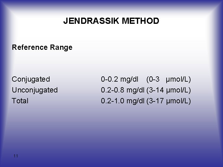 JENDRASSIK METHOD Reference Range Conjugated Unconjugated Total 11 0 -0. 2 mg/dl (0 -3 JENDRASSIK METHOD Reference Range Conjugated Unconjugated Total 11 0 -0. 2 mg/dl (0 -3