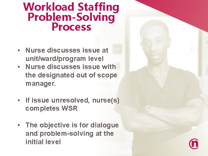 Workload Staffing Problem-Solving Process • Nurse discusses issue at unit/ward/program level • Nurse discusses