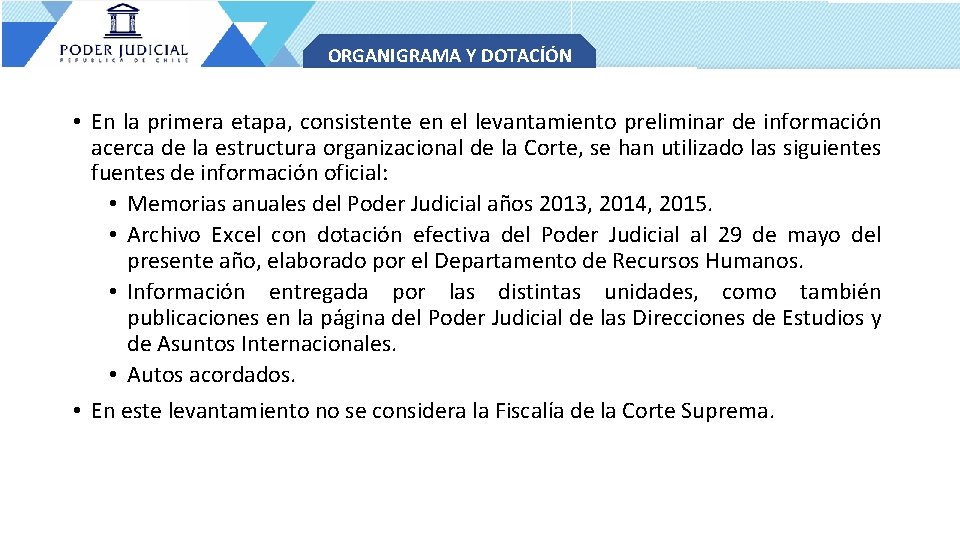 ORGANIGRAMA Y DOTACÍÓN • En la primera etapa, consistente en el levantamiento preliminar de