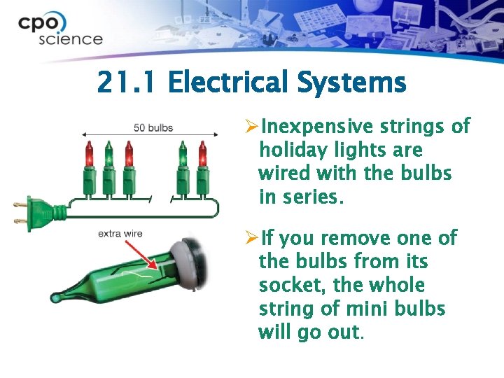 21. 1 Electrical Systems ØInexpensive strings of holiday lights are wired with the bulbs