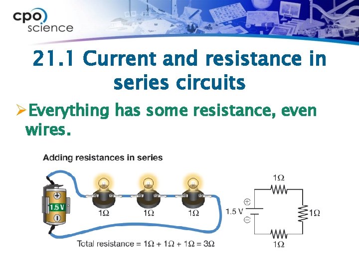 21. 1 Current and resistance in series circuits ØEverything has some resistance, even wires.