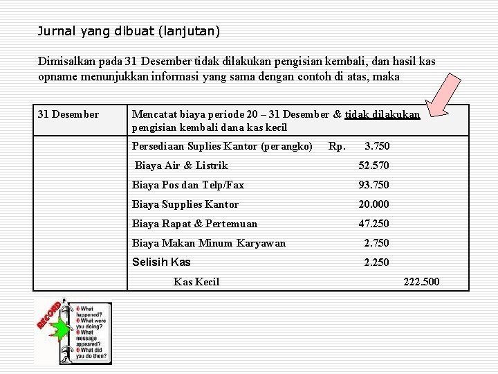 Jurnal yang dibuat (lanjutan) Dimisalkan pada 31 Desember tidak dilakukan pengisian kembali, dan hasil