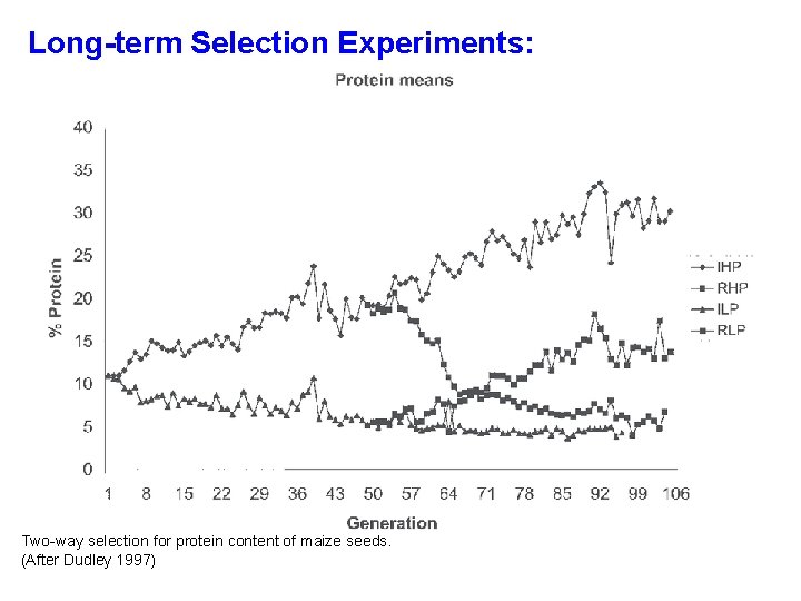 Long-term Selection Experiments: Two-way selection for protein content of maize seeds. (After Dudley 1997)