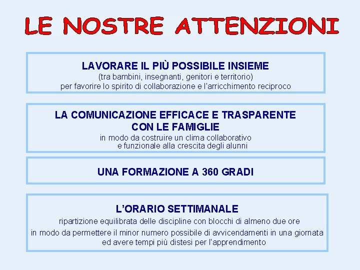 LAVORARE IL PIÙ POSSIBILE INSIEME (tra bambini, insegnanti, genitori e territorio) per favorire lo