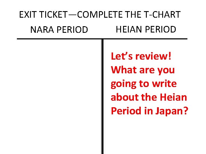 EXIT TICKET—COMPLETE THE T-CHART HEIAN PERIOD NARA PERIOD Let’s review! What are you going