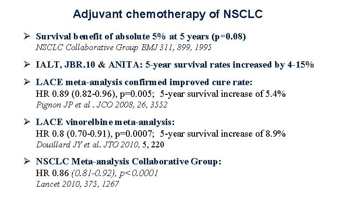 Adjuvant chemotherapy of NSCLC Ø Survival benefit of absolute 5% at 5 years (p=0.