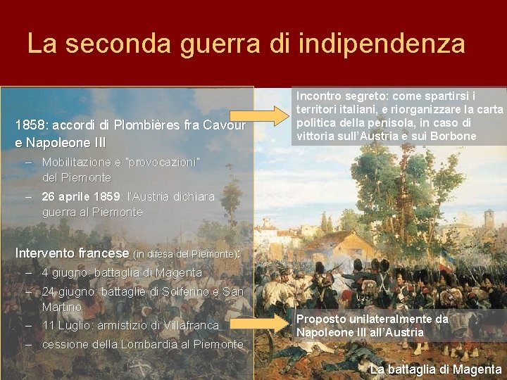 La seconda guerra di indipendenza 1858: accordi di Plombières fra Cavour e Napoleone III