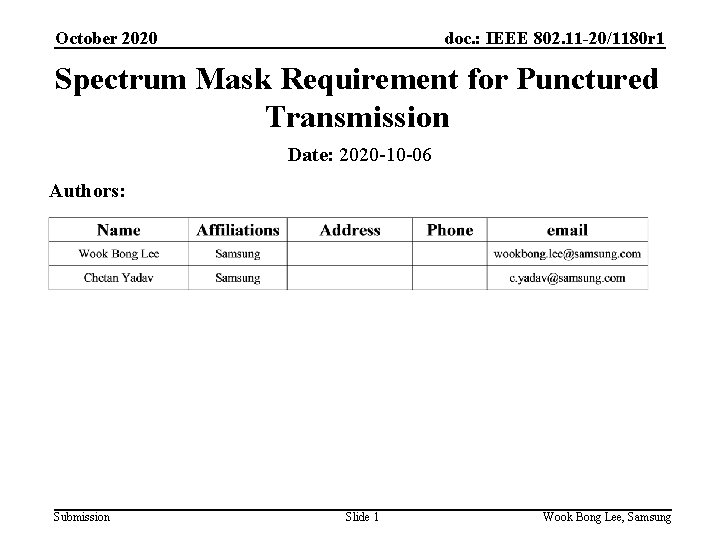 October 2020 doc. : IEEE 802. 11 -20/1180 r 1 Spectrum Mask Requirement for