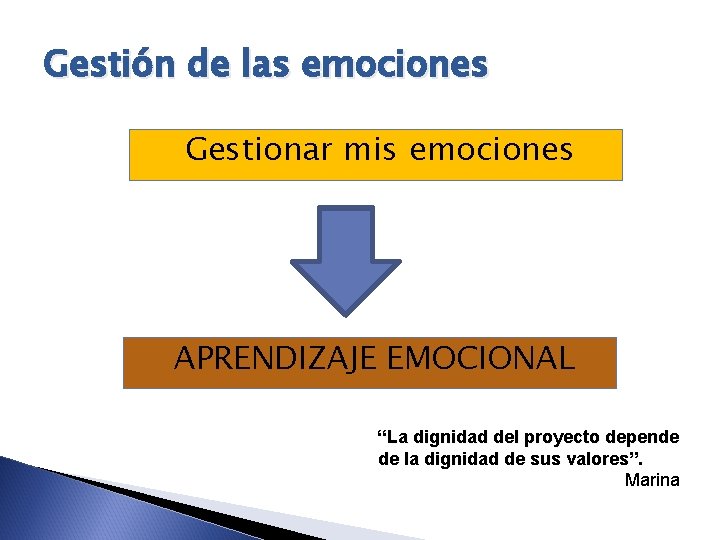 Gestión de las emociones Gestionar mis emociones APRENDIZAJE EMOCIONAL “La dignidad del proyecto depende