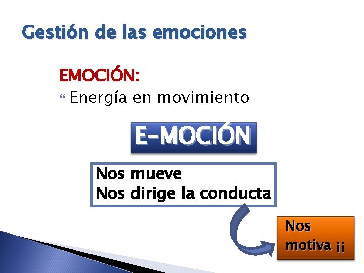 Gestión de las emociones EMOCIÓN: Energía en movimiento E-MOCIÓN Nos mueve Nos dirige la