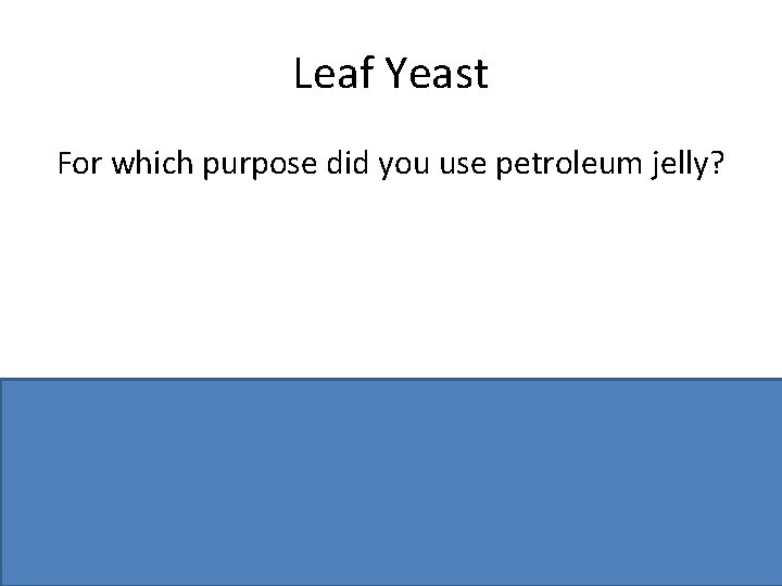 Leaf Yeast For which purpose did you use petroleum jelly? Attach leaves (or leaf