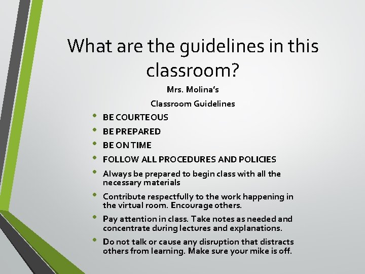 What are the guidelines in this classroom? Mrs. Molina’s Classroom Guidelines • • •