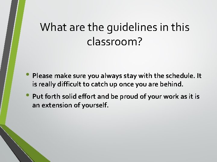 What are the guidelines in this classroom? • Please make sure you always stay