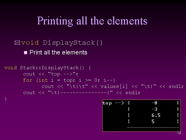 Printing all the elements * void n Display. Stack() Print all the elements void