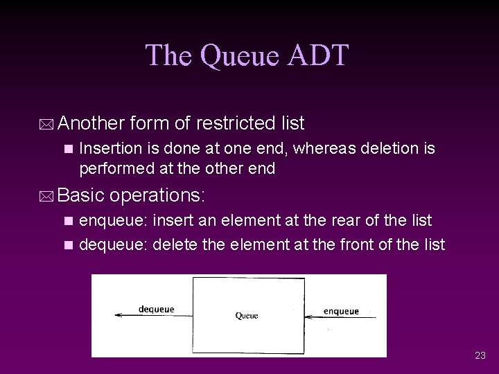 The Queue ADT * Another form of restricted list n Insertion is done at