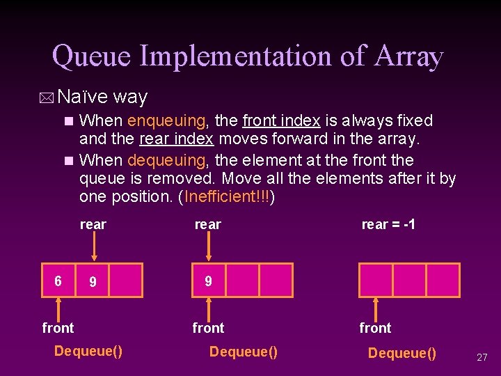 Queue Implementation of Array * Naïve way When enqueuing, the front index is always