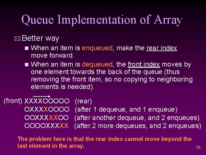 Queue Implementation of Array * Better way When an item is enqueued, make the