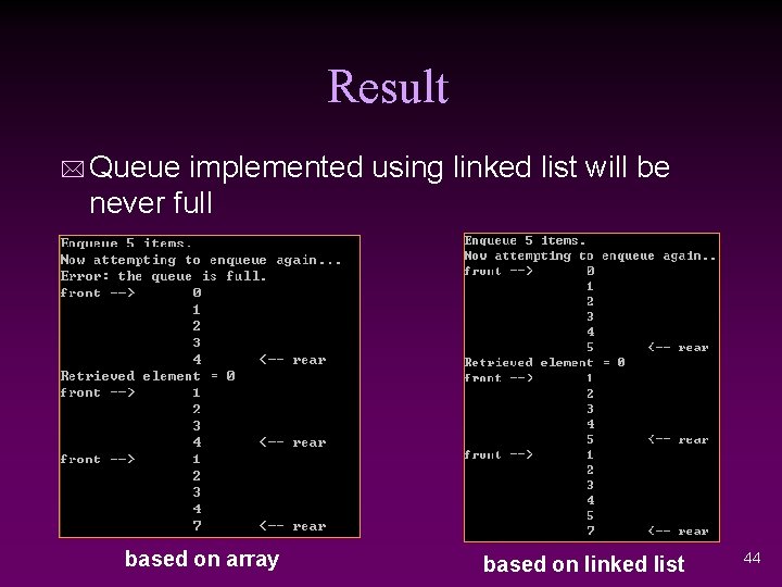 Result * Queue implemented using linked list will be never full based on array