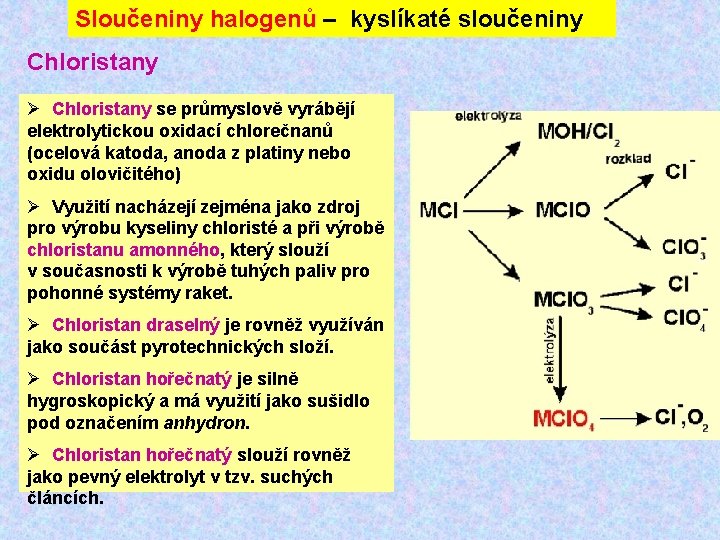 Sloučeniny halogenů – kyslíkaté sloučeniny Chloristany Ø Chloristany se průmyslově vyrábějí elektrolytickou oxidací chlorečnanů