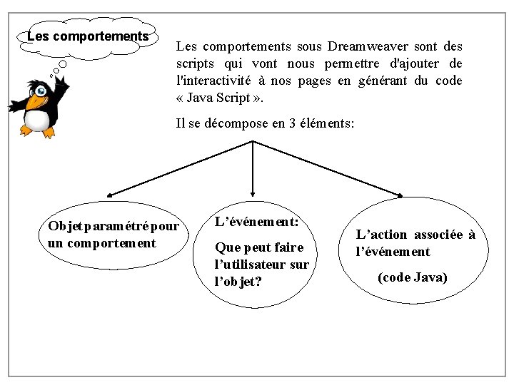 Les comportements sous Dreamweaver sont des scripts qui vont nous permettre d'ajouter de l'interactivité