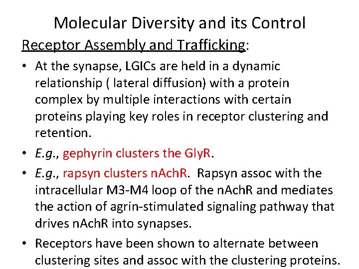 Molecular Diversity and its Control Receptor Assembly and Trafficking: • At the synapse, LGICs