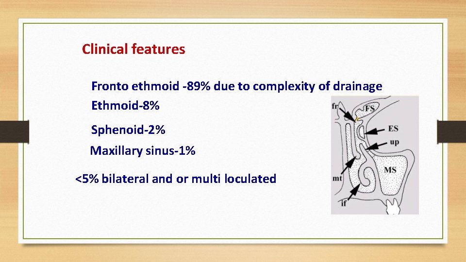 Clinical features Fronto ethmoid -89% due to complexity of drainage Ethmoid-8% Sphenoid-2% Maxillary sinus-1%