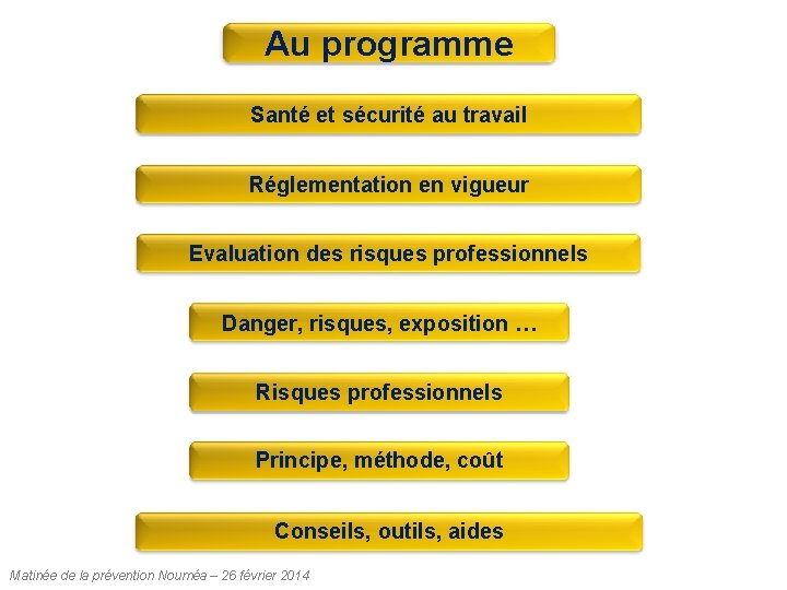 Au programme Santé et sécurité au travail Réglementation en vigueur Evaluation des risques professionnels Au programme Santé et sécurité au travail Réglementation en vigueur Evaluation des risques professionnels