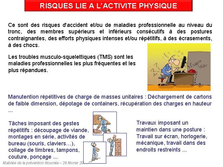 RISQUES LIE A L’ACTIVITE PHYSIQUE Ce sont des risques d'accident et/ou de maladies professionnelle RISQUES LIE A L’ACTIVITE PHYSIQUE Ce sont des risques d'accident et/ou de maladies professionnelle