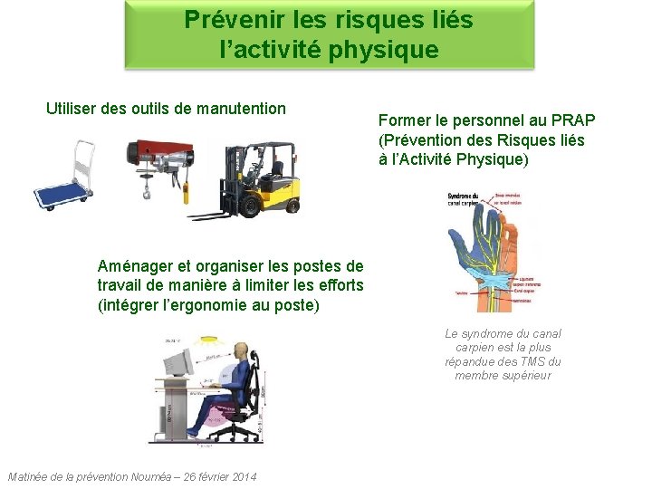 Prévenir les risques liés l’activité physique Utiliser des outils de manutention Former le personnel Prévenir les risques liés l’activité physique Utiliser des outils de manutention Former le personnel