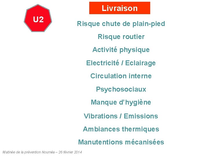 Livraison U 2 Risque chute de plain-pied Risque routier Activité physique Electricité / Eclairage Livraison U 2 Risque chute de plain-pied Risque routier Activité physique Electricité / Eclairage