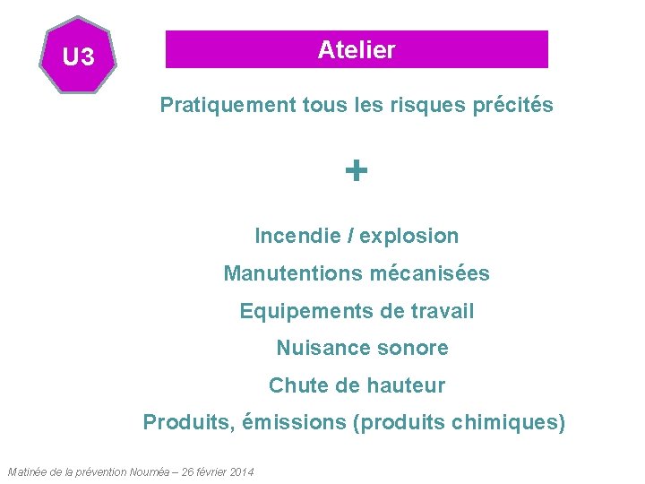 Atelier U 3 Pratiquement tous les risques précités + Incendie / explosion Manutentions mécanisées Atelier U 3 Pratiquement tous les risques précités + Incendie / explosion Manutentions mécanisées