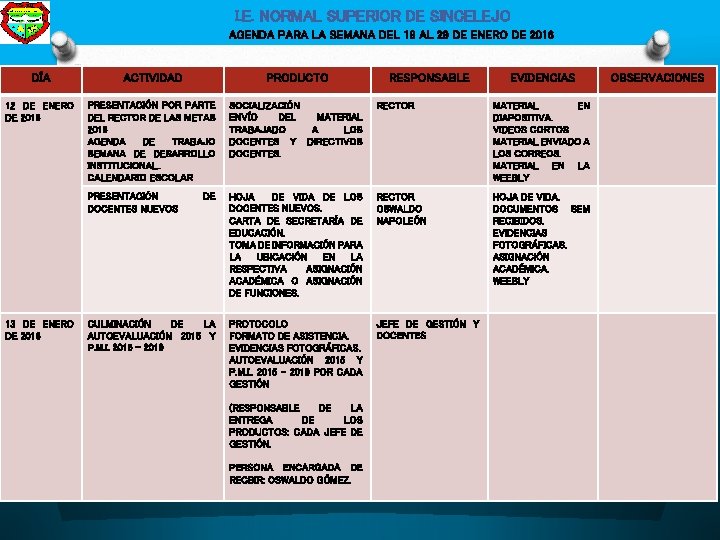 I. E. NORMAL SUPERIOR DE SINCELEJO AGENDA PARA LA SEMANA DEL 18 AL 29