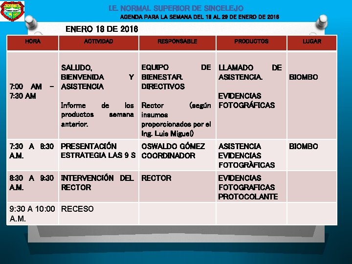 I. E. NORMAL SUPERIOR DE SINCELEJO AGENDA PARA LA SEMANA DEL 18 AL 29