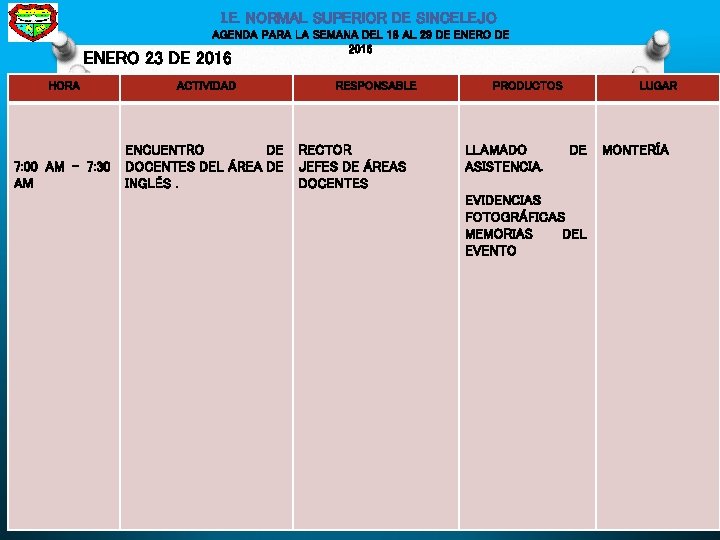 I. E. NORMAL SUPERIOR DE SINCELEJO AGENDA PARA LA SEMANA DEL 18 AL 29