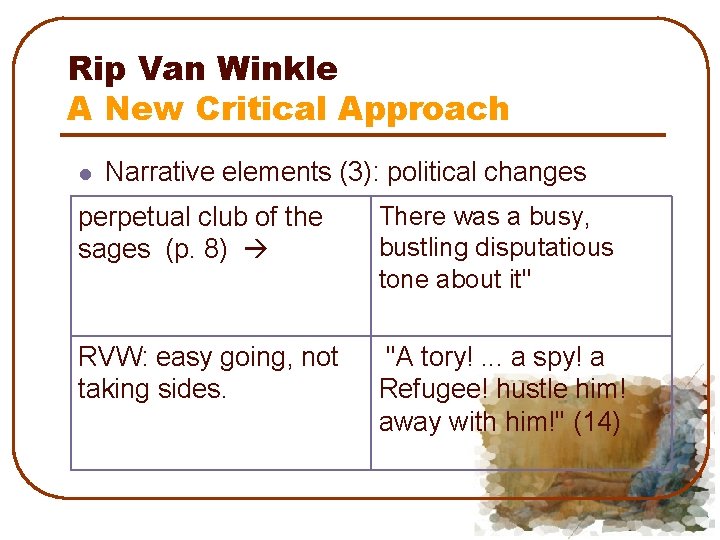 Rip Van Winkle A New Critical Approach l Narrative elements (3): political changes perpetual