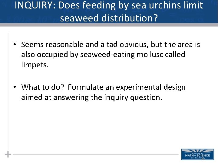 INQUIRY: Does feeding by sea urchins limit seaweed distribution? • Seems reasonable and a