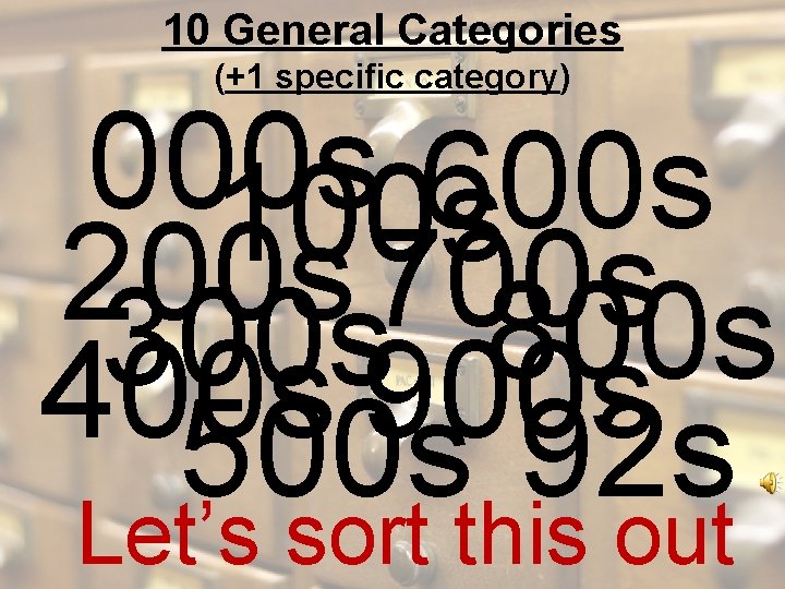 10 General Categories (+1 specific category) 000 s 600 s 100 s 200 s