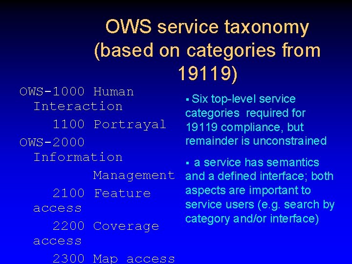 OWS service taxonomy (based on categories from 19119) OWS-1000 Human Interaction 1100 Portrayal OWS-2000