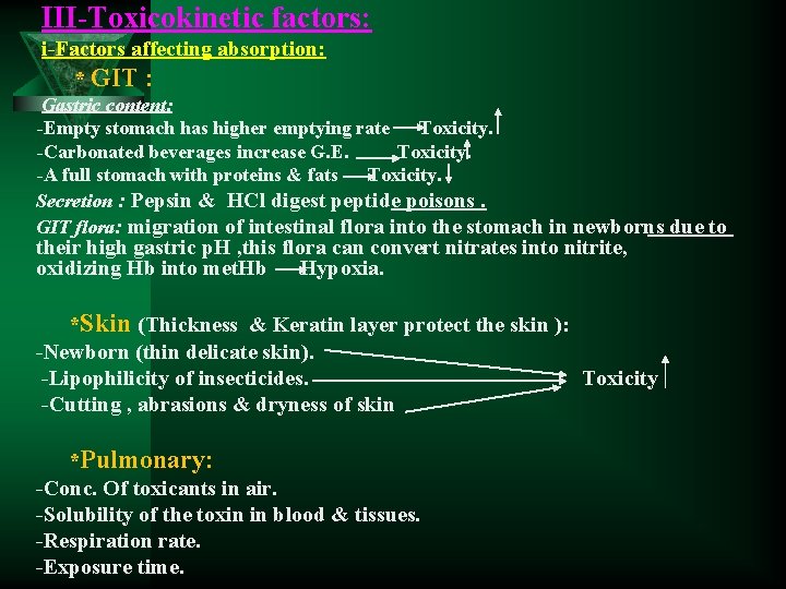 III-Toxicokinetic factors: i-Factors affecting absorption: * GIT : Gastric content: -Empty stomach has higher