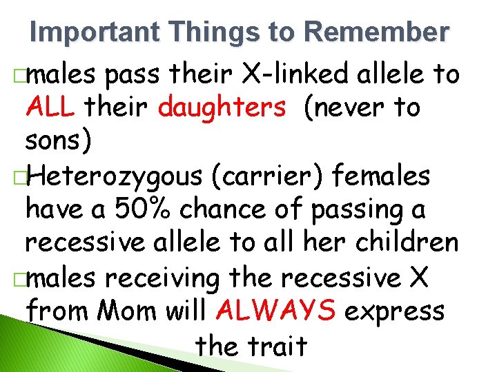 Important Things to Remember �males pass their X-linked allele to ALL their daughters (never