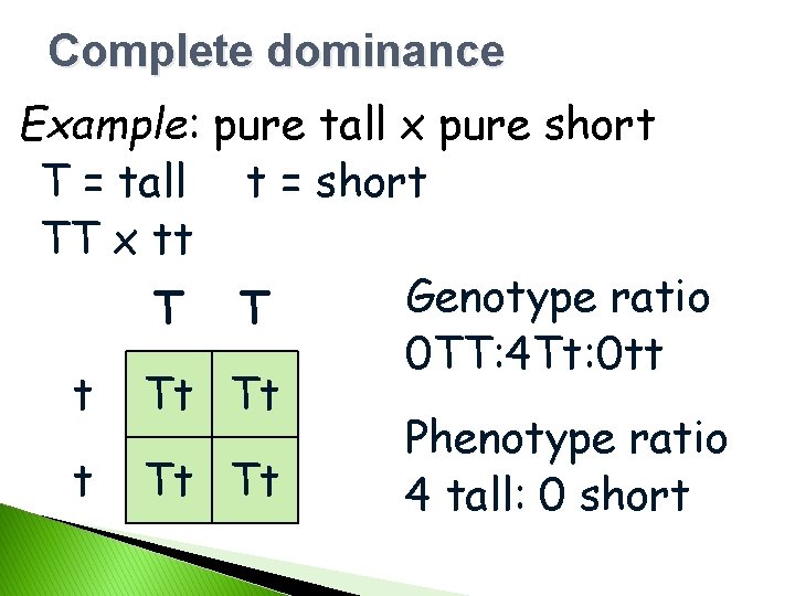 Complete dominance Example: pure tall x pure short T = tall t = short