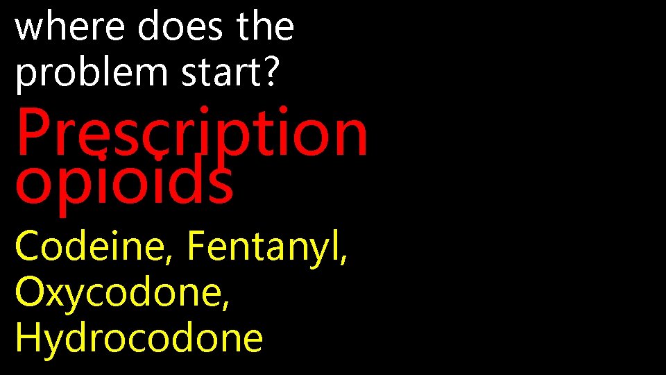 where does the problem start? Prescription opioids Codeine, Fentanyl, Oxycodone, Hydrocodone 
