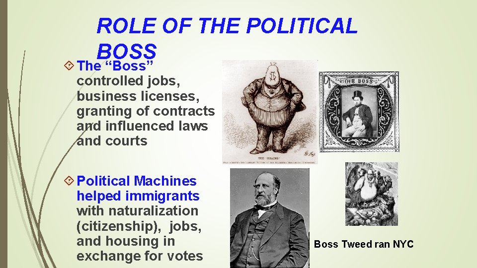 ROLE OF THE POLITICAL BOSS The “Boss” controlled jobs, business licenses, granting of contracts