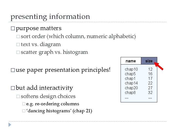 presenting information � purpose matters � sort order (which column, numeric alphabetic) � text