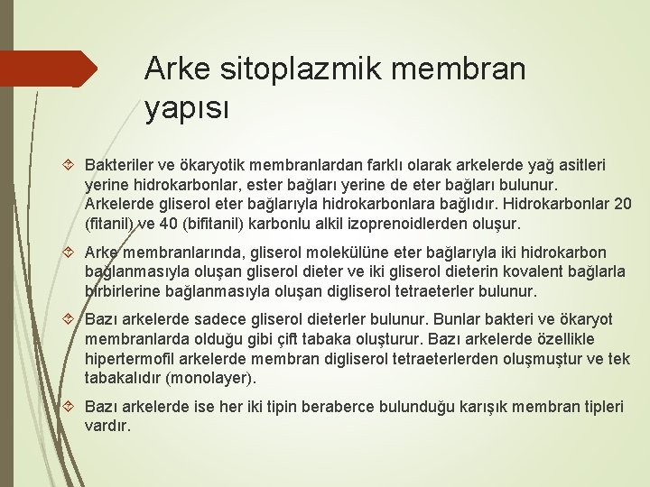 Arke sitoplazmik membran yapısı Bakteriler ve ökaryotik membranlardan farklı olarak arkelerde yağ asitleri yerine