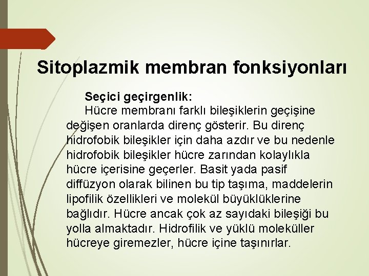 Sitoplazmik membran fonksiyonları Seçici geçirgenlik: Hücre membranı farklı bileşiklerin geçişine değişen oranlarda direnç gösterir.