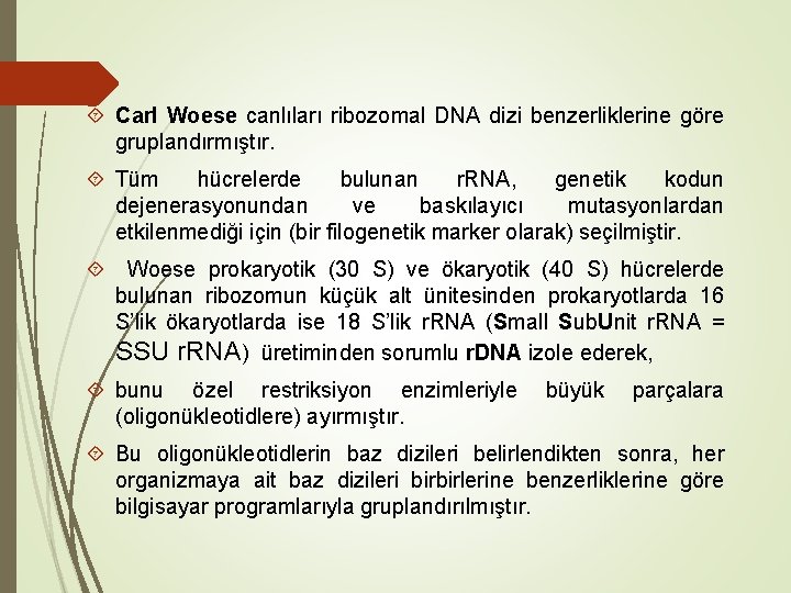  Carl Woese canlıları ribozomal DNA dizi benzerliklerine göre gruplandırmıştır. Tüm hücrelerde bulunan r.